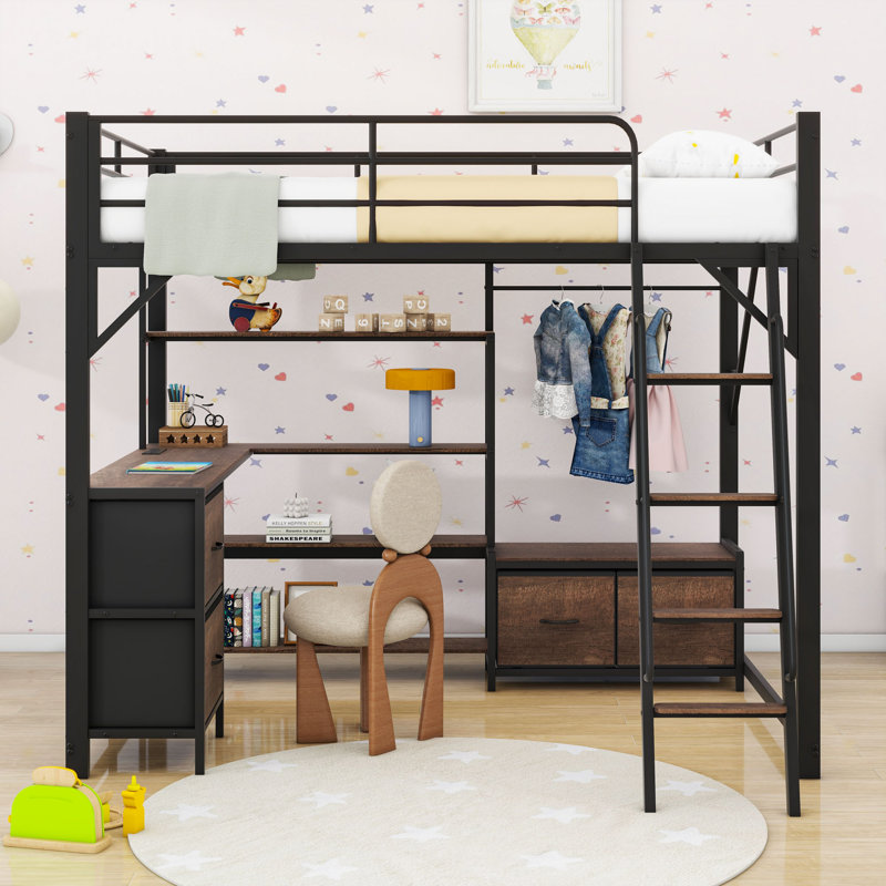 Loft Bed With Desk, LED Light, Storage Shelves, And Charge Station, Full