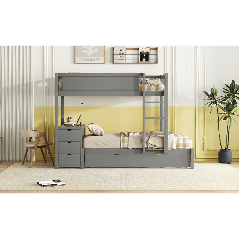 Lit simple superposé simple avec prises de courant, bureau et rangement dans un gigogne gigogne gris Twintwin Ports - Améliorez la fonction de connectivité de votre chambre à coucher