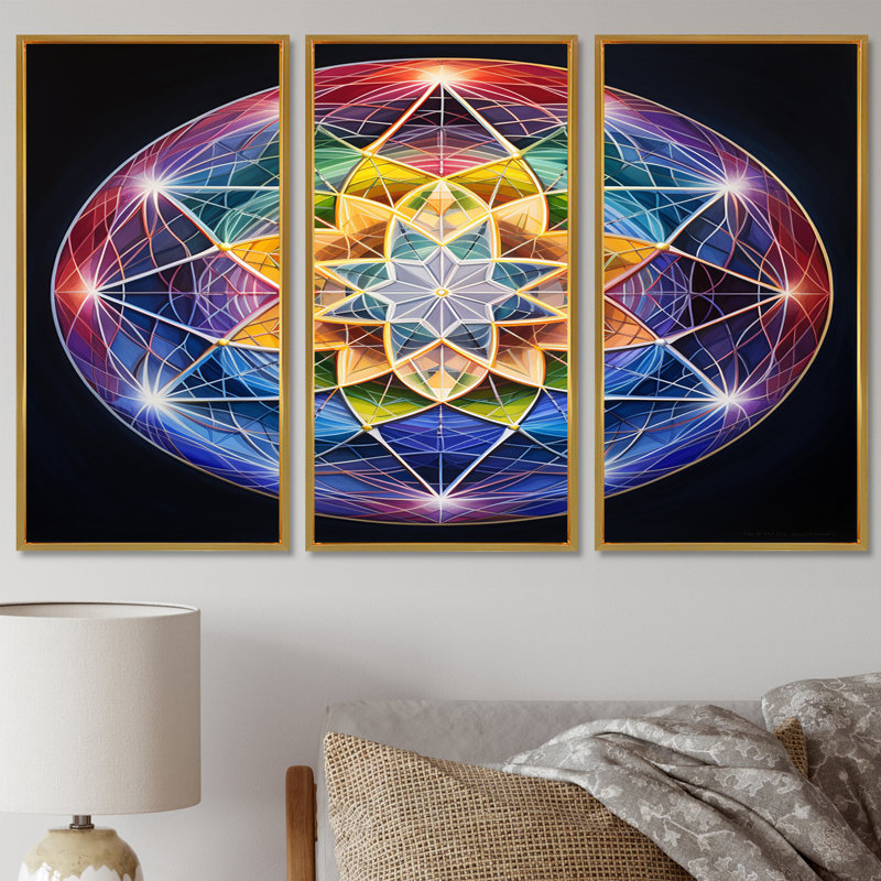 Sacred Star Blue Green - Boho Mandala, ensemble de reproductions d'art mural, Cadre flottant doré, H 40 po x l 60 po x P 1 po