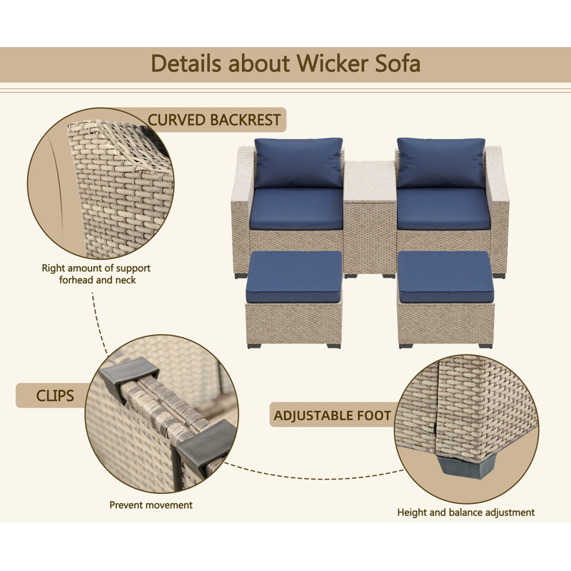 Griscelda Wicker 4 - Person Patio Conversation Sets with Cushions, Blue, White