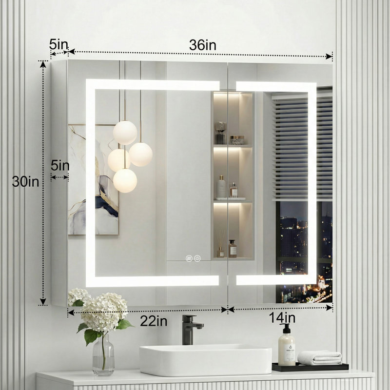 Armoire à pharmacie encastrée et à fixation murale à DEL avec miroir anti-buée, prises encastrées et tablettes de rangement à 3 couches