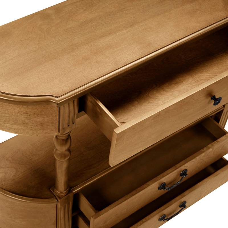 Console rétro en bois courbé, 109 cm (43 po) pour entrée de salon, brune, 3 tiroirs, pieds solides, étagère ouverte, style roman, préassemblée, grand espace de rangement, installation facile de 109 cm (43 po) derrière un canapé.