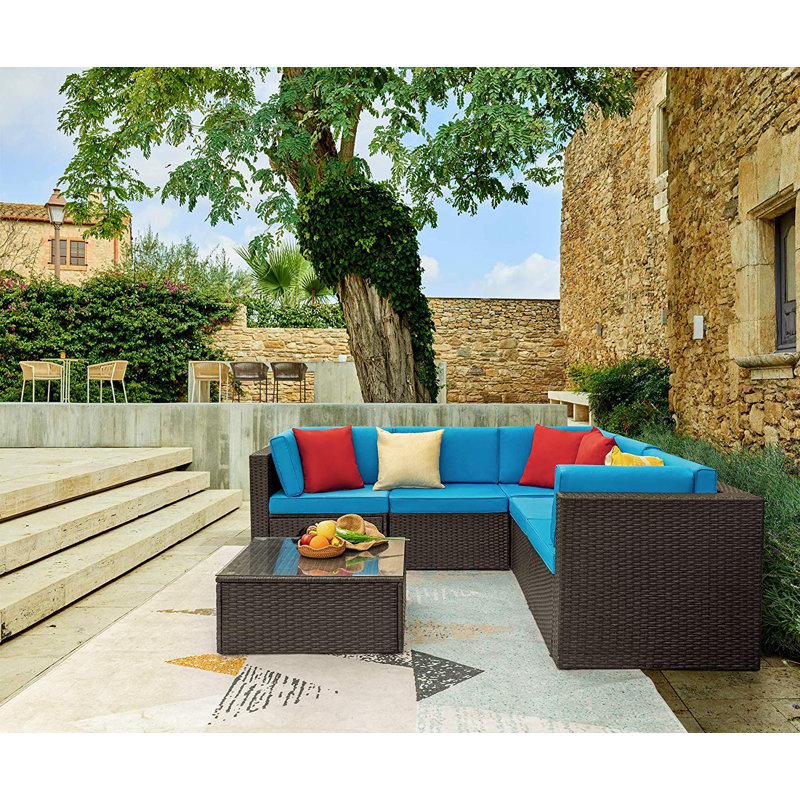 Chesterle 6 Piece Sectional Seating Group with Cushions, Blue/Red
