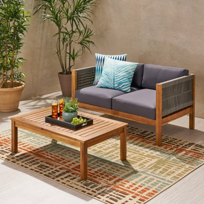 Ensemble de causeuse et de table basse de patio, ensemble de meubles de patio avec coussin, ensemble de conversation à cadre en bois d'acacia pour le jardin, la cour, le porche et la piscine, style minimaliste