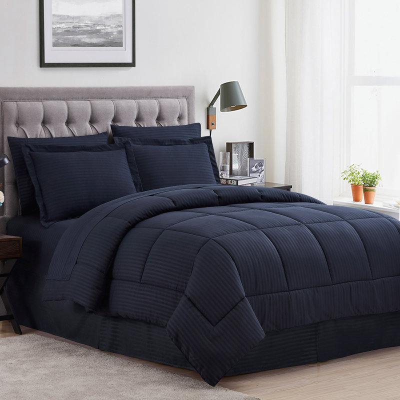 Dobby Stripe Embossed Bed In a Bag Comforter Set, Queen Comforter + 7 Additional Pieces, Navy