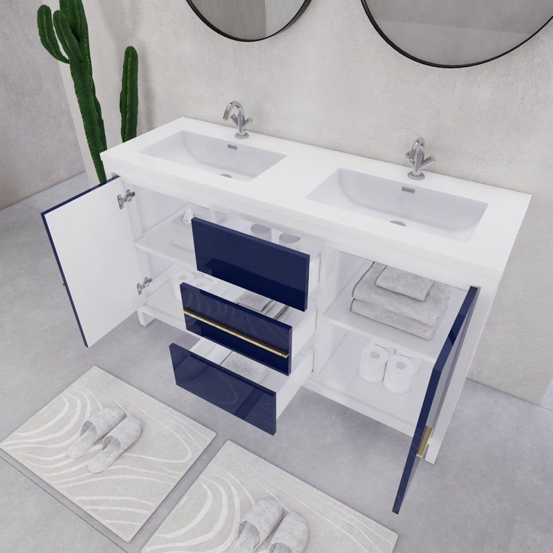 Eden 60" Double Sink Bathroom Vanity Set, Gloss White/Blue