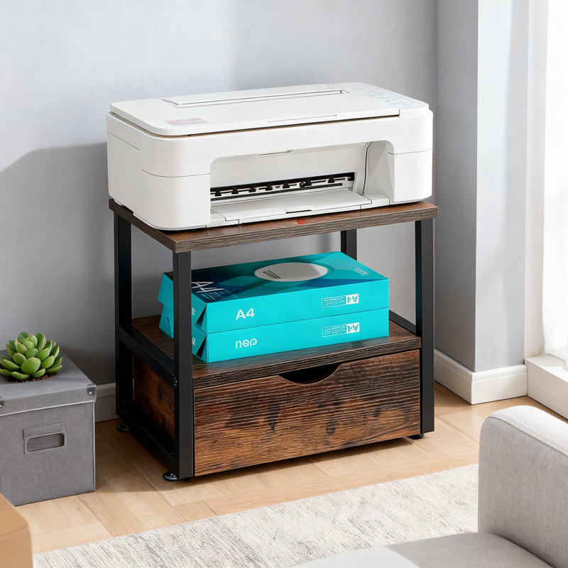 2-Tier Printer Stand With Storage Drawer, Heavy-Duty Desktop Organizer Shelf For Home Office, Multi-Purpose Desk Riser For Printer, Scanner, Fax Machine And Supplies