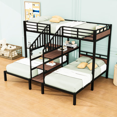 Metal Triple Bunk Bed With Shelves, Storage Stairs And Guardrails