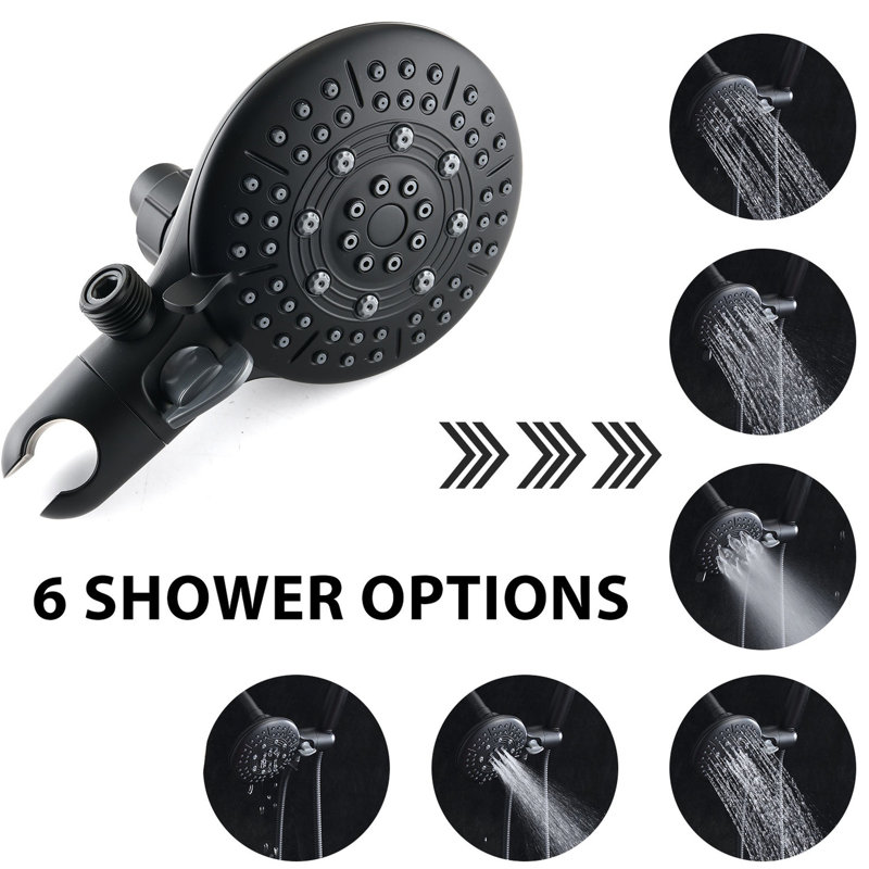 Pomme de douche à 6 jets avec douchette - noir mat, laiton, débit d'eau réglable, motifs en laiton noir, 1,8 gal / min, fixation murale, eau, boyau de 59 po, avec valve brute, massage par pluie, brouillard électrique