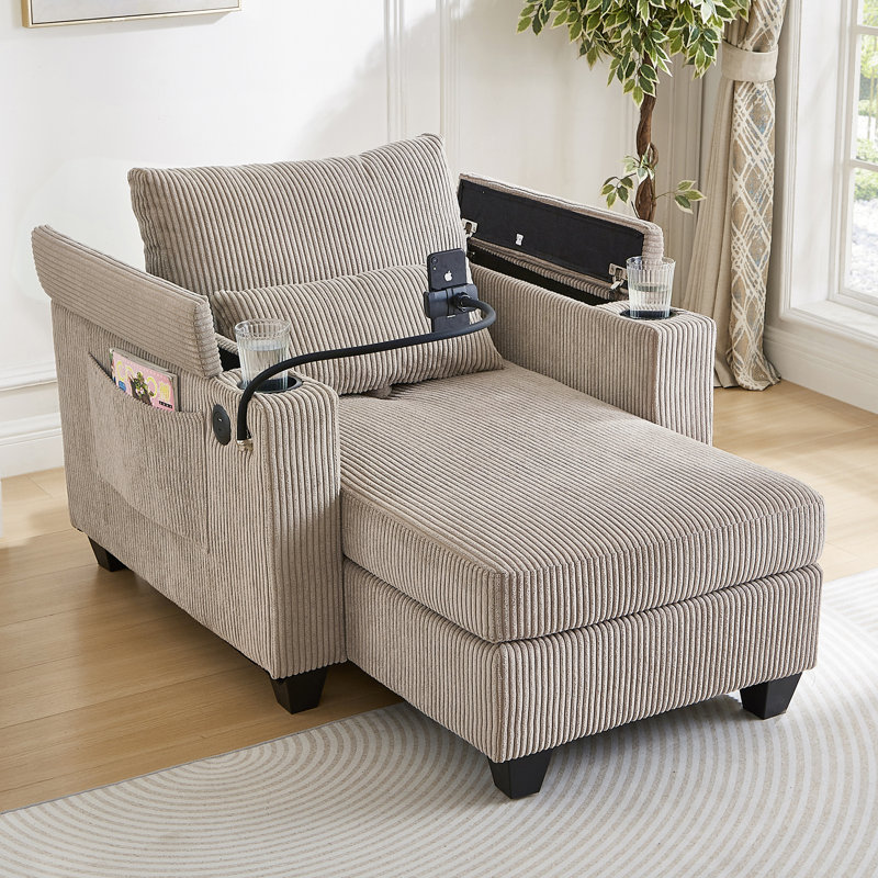 Chaise longue et lit convertible en velours côtelé avec charge, porte-gobelets, organisateurs latéraux pour les maisons modernes en velours côtelé brun 37,4 po, support pour téléphone, petits espaces de vie