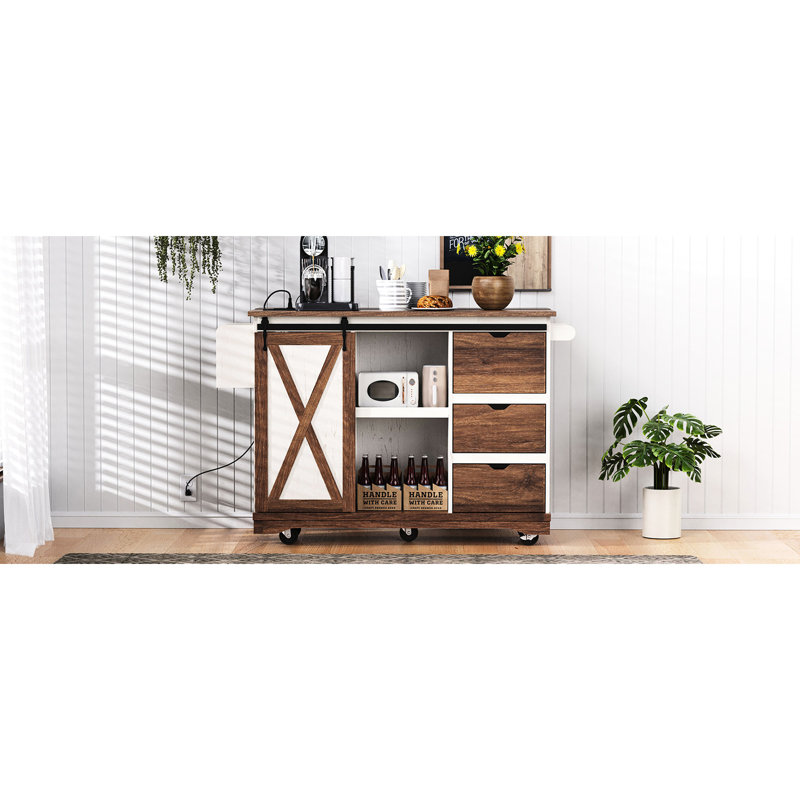 55.5 - Inch Rolling Kitchen Island With Drop Leaf, Barn Door, Storage Drawers, And Built In Power Outlet For Organization Island, Sliding Adjustable Shelf, Lockable Wheels, Dining Room Decor