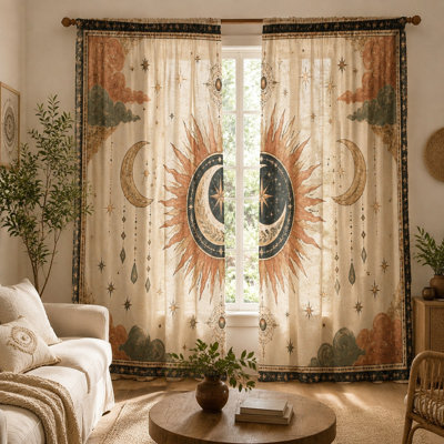 2Pcs Celestial Sun Moon Curtains, Bohemian Mystical Cloud and Star Print, Light Filtering Fabric for Living Room Bedroom Balcony Kitchen Home Decor
