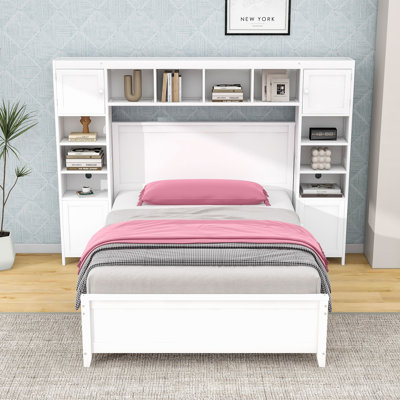 Lit double en bois 4 tiroirs avec armoires et tablettes