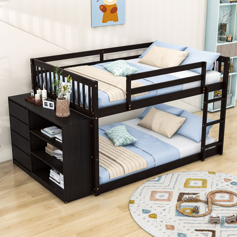 Wood Bunk Bed With Storage Drawers And Shelves, Full Over Full, Espresso