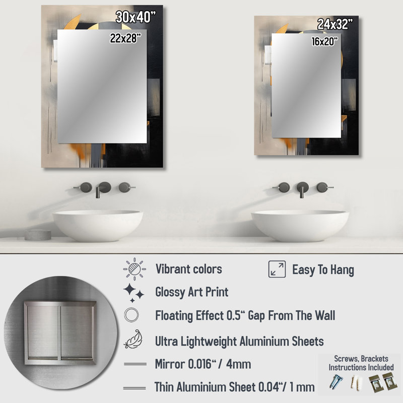 Gold Black Shapes In Harmony - Abstract Shapes Mirror, Gold Unique Wall Mirror, Printed Metal Art, 32" x 24"