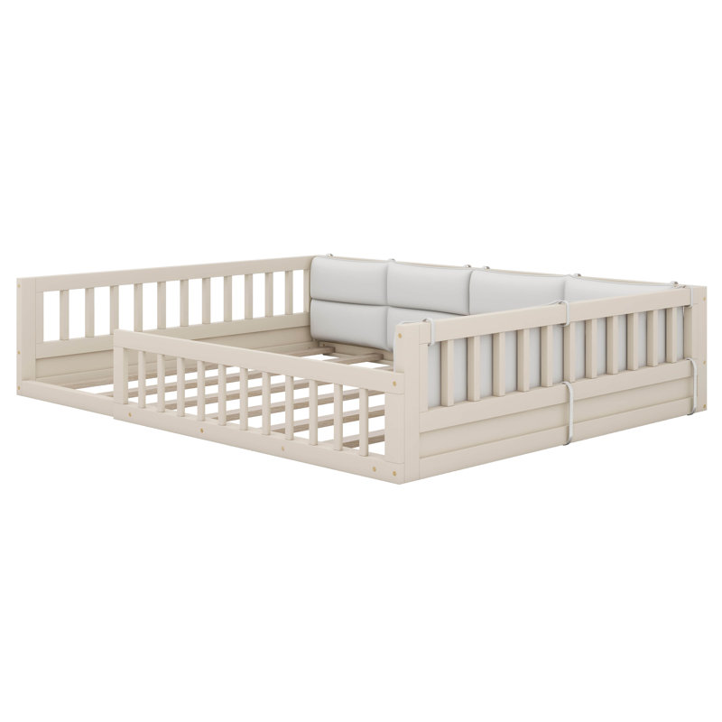 Maily Wood Full Size Upholstered Platform Bed with Guardrail and Pillow, Beige