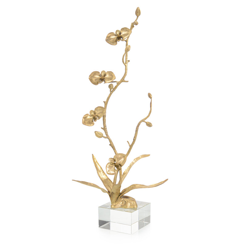 Floral Spire Sculpture On Crystal Base, Brass
