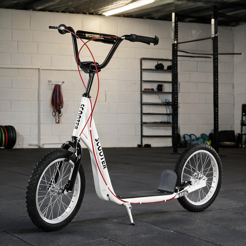 Scooters réglables pour enfants en blanc, roues gonflables en acier de 54,8 x 22,8 x 35,5 po