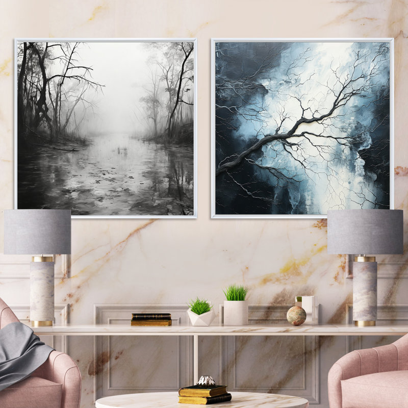 «Enchanted Foggy Woods River», ensemble de 2 collages carrés à Forest River, Cadre flottant blanc, H 16 po x l 33 po