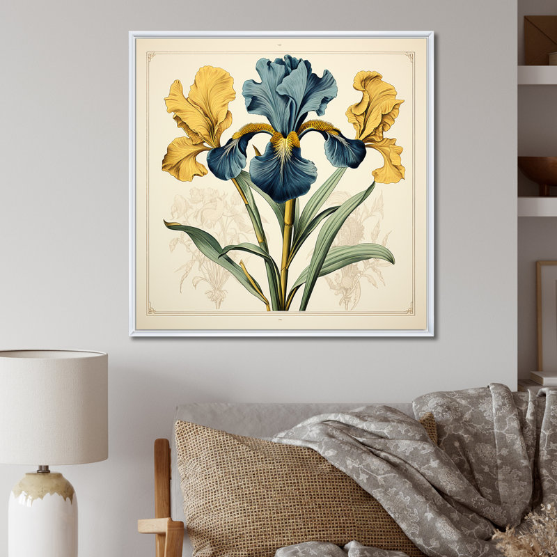 Illustration rétro d'iris bleus jaunes sur toile, H 36 po x l 36 po x P 1,5 po, Cadre flottant blanc