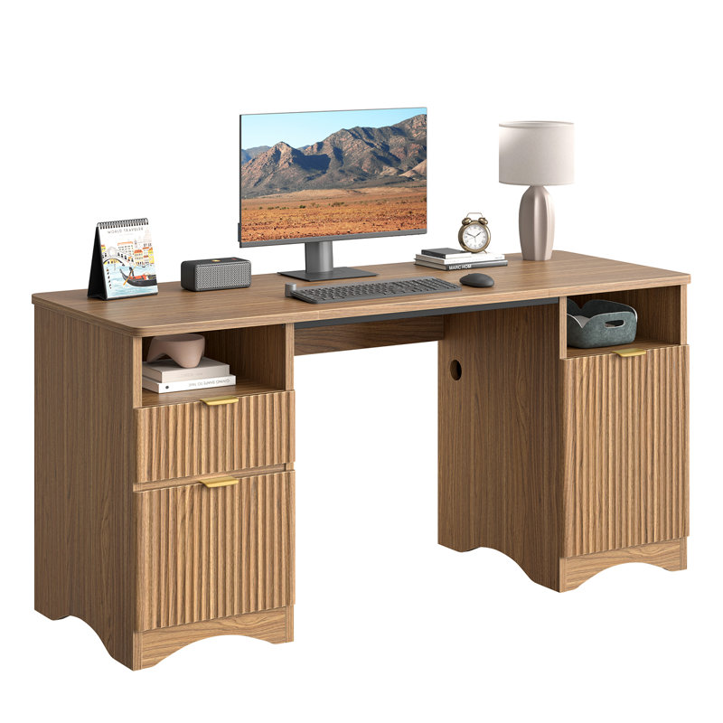 150cm Fluted Computer Desk With File Cabinet And Storage Drawers, Multifunctional Home Office Desk, Brown