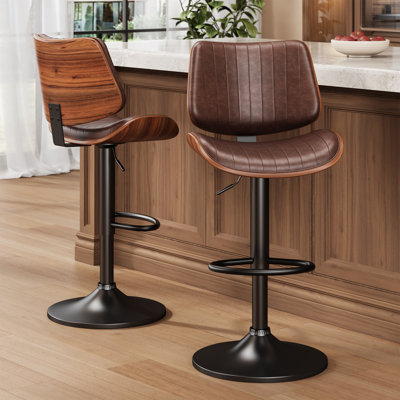 Set Of 2 Swivel Bar Stools With Adjustable Height, Bentwood Back, PU Leather Seat, And Footrest – Modern Counter Height Chairs For Kitchen Island, Dining Room, Or Home Bar, Comfortable & Easy To Clean