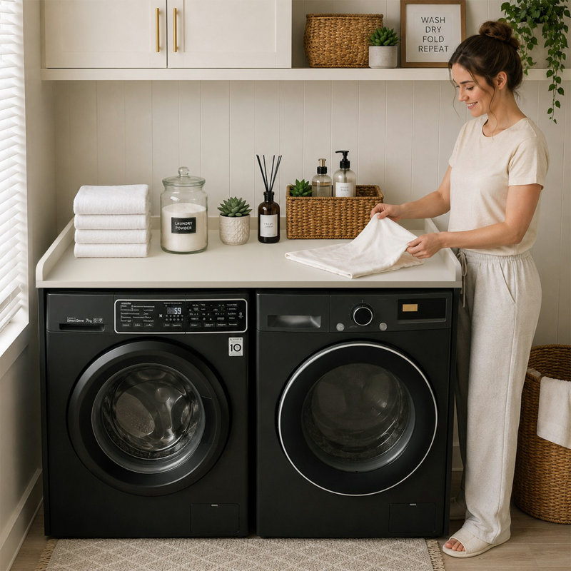 Comptoir de laveuse-sécheuse avec rails de bordure Kaboon, 27,5 po x 54 po, rangement pour salle de lavage, Cuir beige