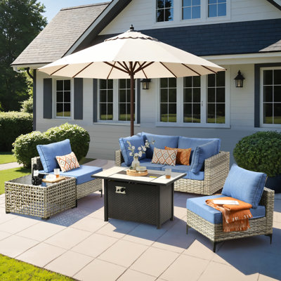 6- Piece Outdoor Patio Furniture Set with Fire Pit Table, All - Weather Wicker, Thick Padded Cushions, Sectional Sofa & Chairs for Garden, Backyard & Patio