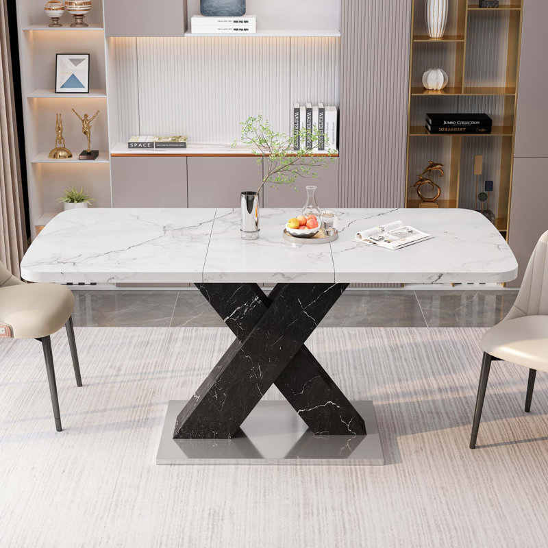 Modern Stretchable Square Dining Table With Printed Marble Table Top And MDF X-Shape Table Legs And Metal Base, Black, White