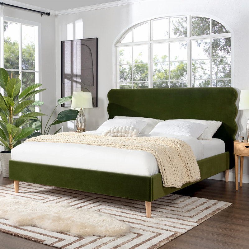 Henley Upholstered Scalloped Bed, Olive Green Velvet, King