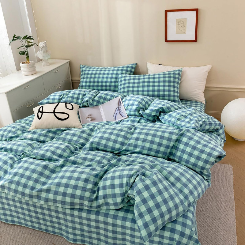 Ensemble de housse de couette douce en coton délavé Boho, Housse de couette pour très grand lit et 2 taies , Vert/bleu