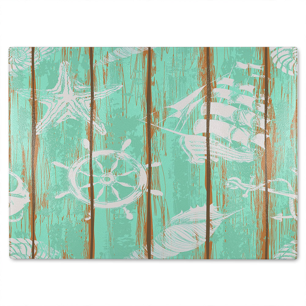 Nautical Elements On Wood Glass Chopping Board