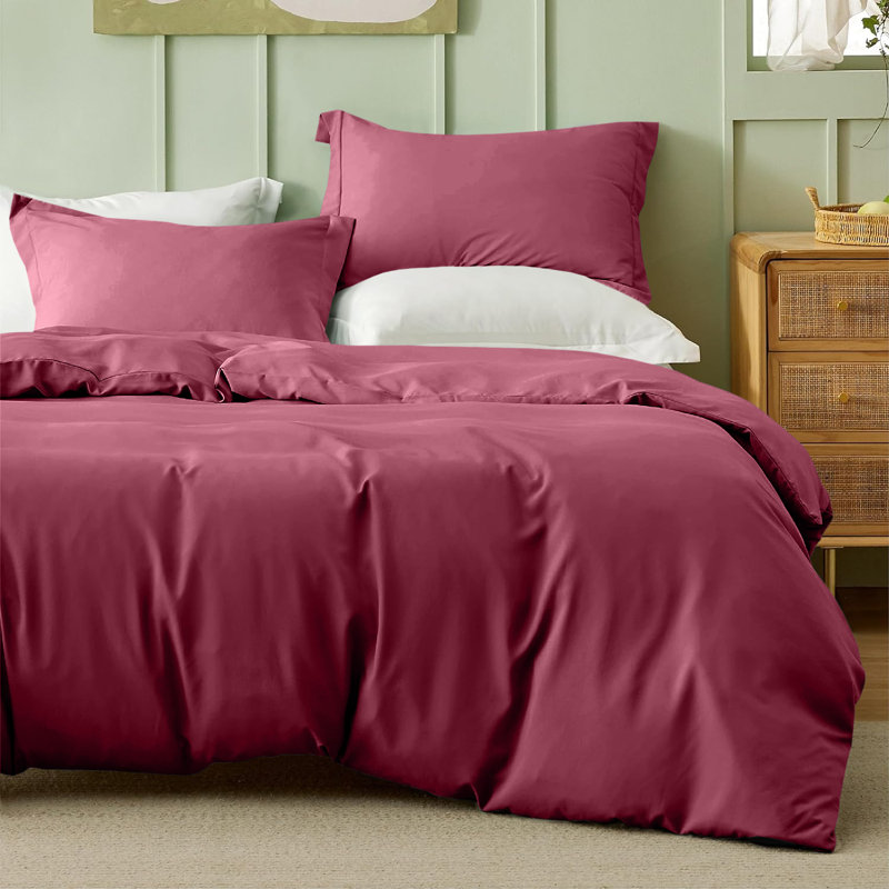Onorino Luxury 4-Piece Dyed Duvet Set with Pillowcases or Fitted sheet (4 in 1), Burgundy, Super King Duvet Cover Set