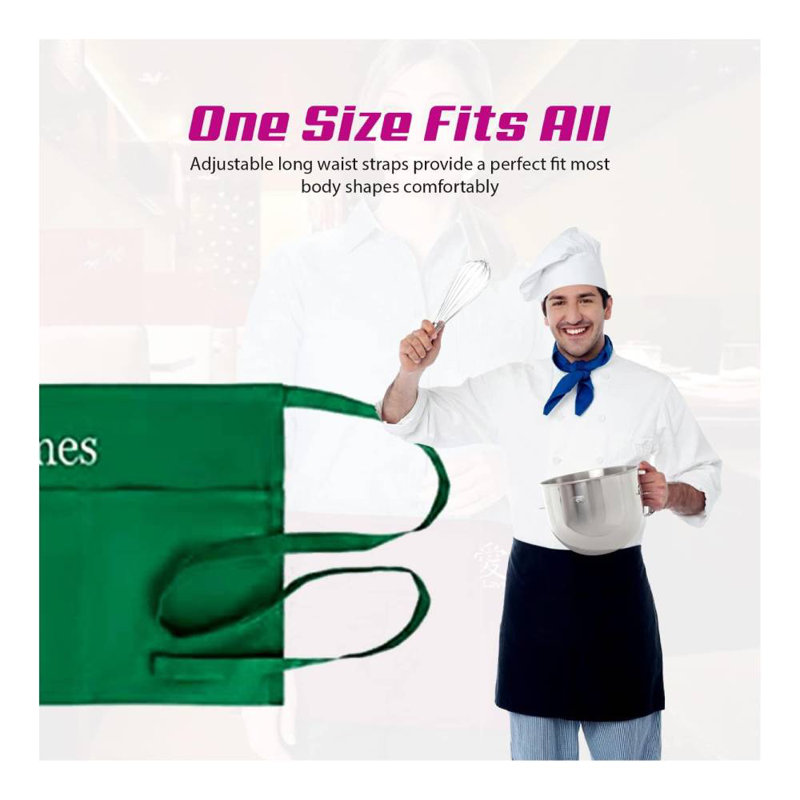 Tabliers de service personnalisés avec 3 poches - Tablier taille avec nom - Demi-tablier personnalisé, Vert, Oui