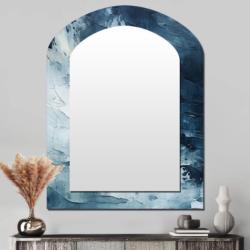 Blanc et bleu, élément abstrait Fight II - formes abstraites, miroir décoratif asymétrique, miroir mural arqué moderne, impression sur métal
