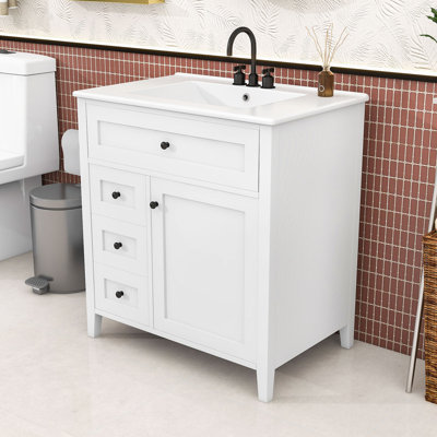 Meuble-lavabo moderne compact avec lavabo en céramique, tiroirs de rangement et tablette réglable