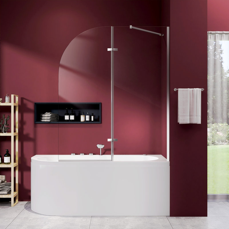 48" W x 58" H Hinged Frameless Tub Door 1/4" Glass Panel Chrome Finish Support Bar Included, Chrome