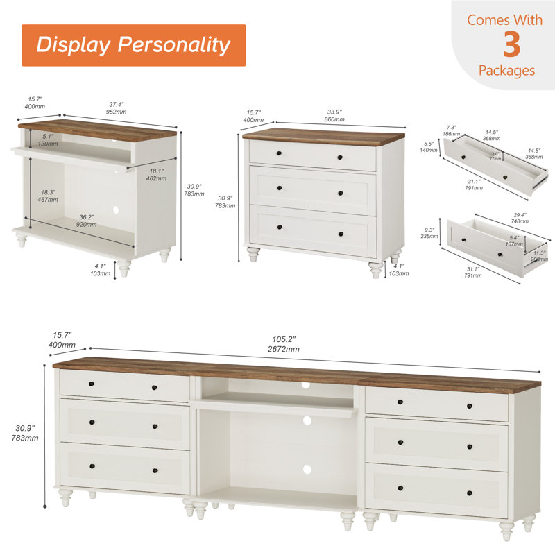 Buffet avec 6 tiroirs et 2 tablettes ouvertes, style grain de bois rétro, armoire avec rangement, blanc, 105 po