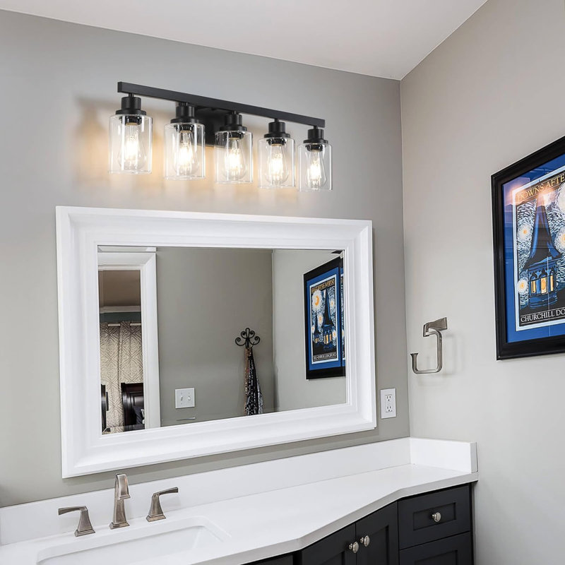 Matte Black 5-Light Bathroom Vanity Fixture with Glass Shades