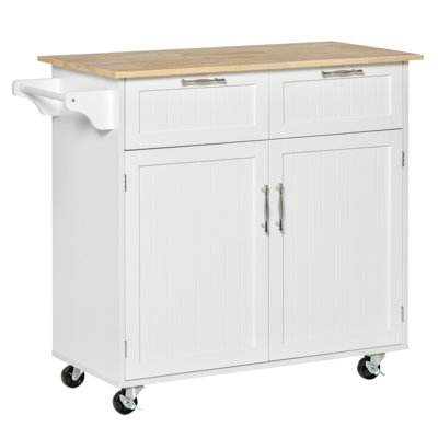 41" Modern Rolling Kitchen Island On Wheels, Utility Cart Storage Trolley With Rubberwood Top & Drawers, White