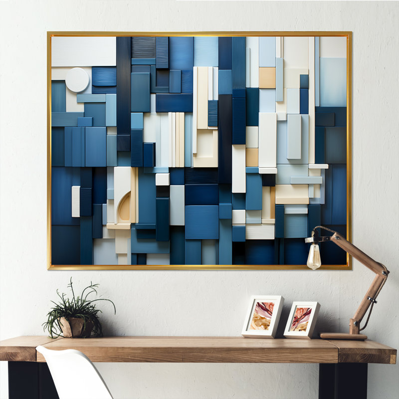 «Blue Behemoths Modern Skycrapers - Skyscrapers», art mural, Cadre flottant doré, H 12 po x l 20 po x P 1 po