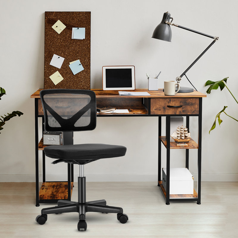 Desk and Chair Set: 48 Inch Computer Desk & Height Adjustable Black Mesh Chair, Brown/Black