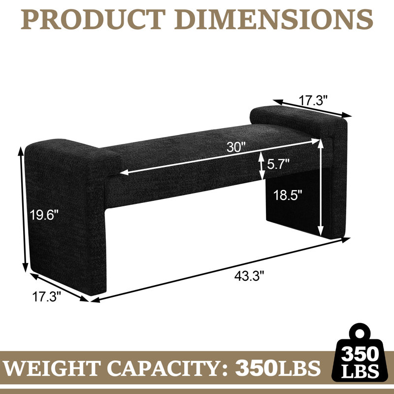 43.3" W Upholstered Bedroom Bench, Black Sherpa, 19.6" H x 43.3" W x 17.3" D