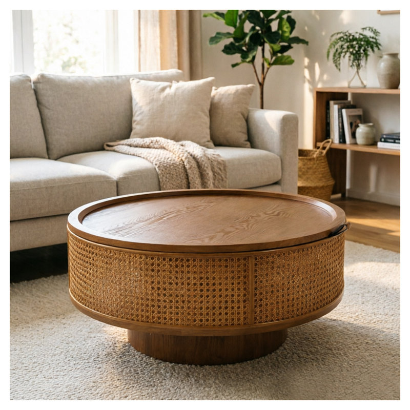 Table basse ronde de rangement en noyer brun de 78 cm (30,71 po) avec couvercle amovible, table basse centrale cylindrique en rotin tressé pour salon