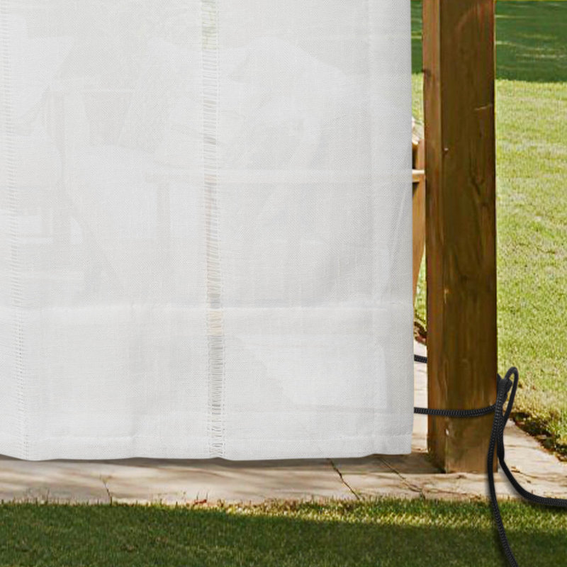 Solid Color Stripe Light Filtering Back Tab Outdoor Curtains, White, 52" W x 96" L