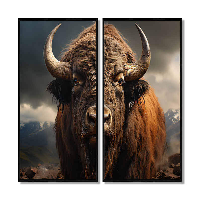 Buffalo Portrait - ensemble de 2 reproductions d'art sur toile de bison, animaux bruns, Noir, H 36 po x l 48 po