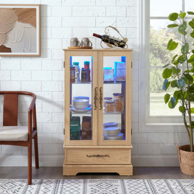 Vitrine lumineuse en verre avec tablettes réglables - 2 portes, 1 tiroir, lumières DEL