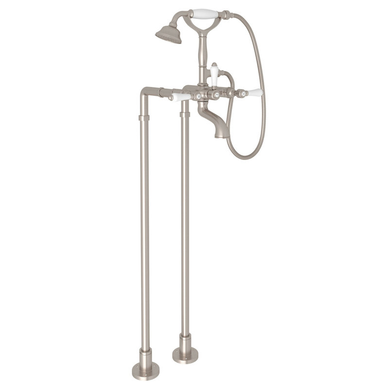 Acqui Floor Mount Tub Filler, Polished Nickel, Porcelain Lever Handle