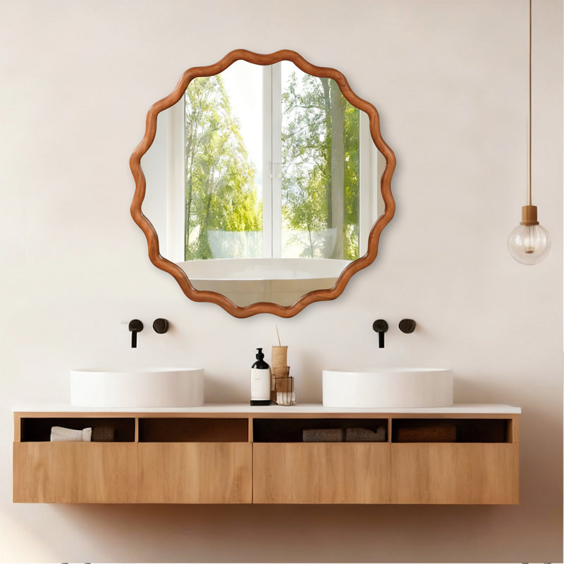 Miroir décoratif rond en bois massif Wavy, Brun jaune, 36 po x 36 po