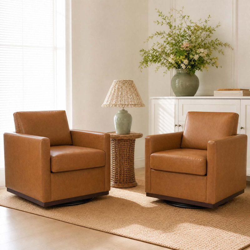 Modern Upholstered Light Brown Square Swivel Armchair with Matel Base (Set of 2), Light Brown Faux Leather